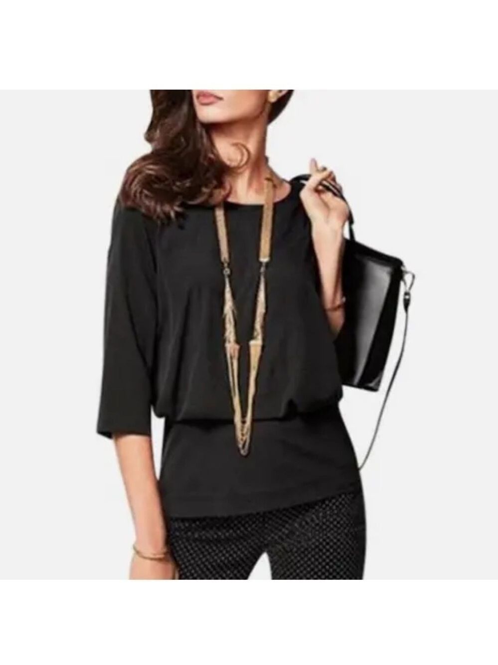 Cabi Top Size M Indulgence Layered Blouson Blouse Black 3/4 Sleeves Style 5205